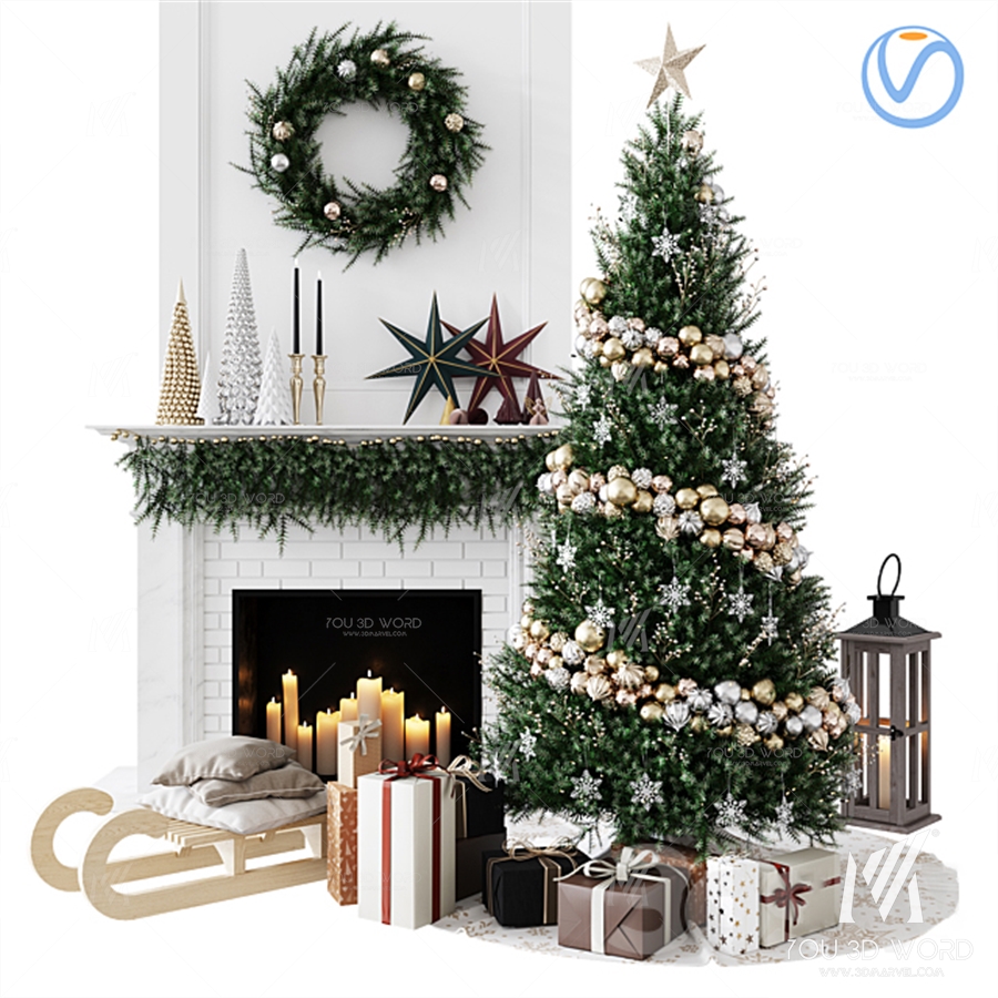 Modern Christmas Tree Gift Box Fireplace Decoration Ornament 3d model